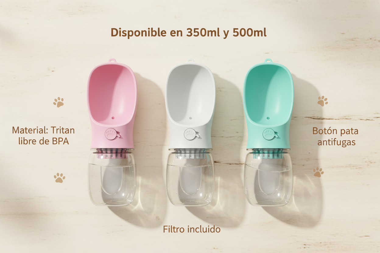 Botella portátil - 3 colores con especificaciones