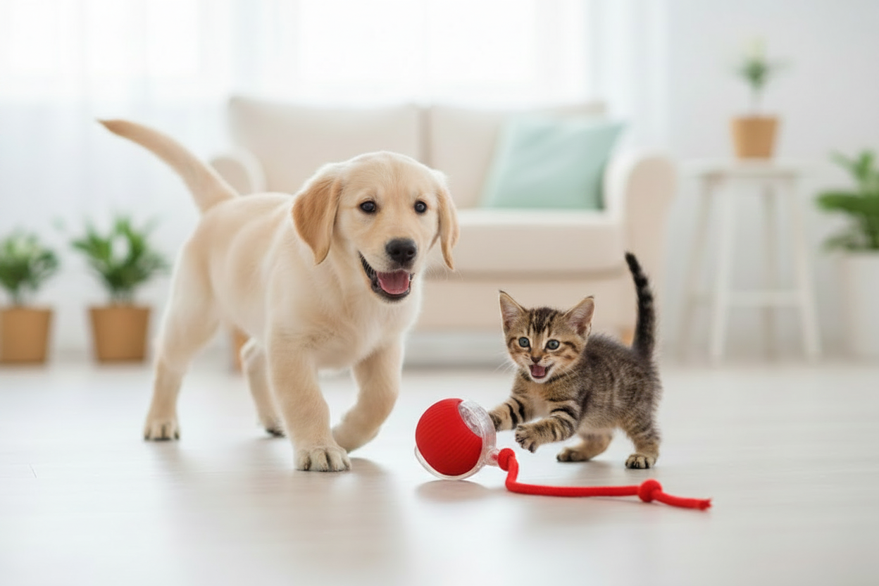 Cachorro y gatito felices en entorno acogedor