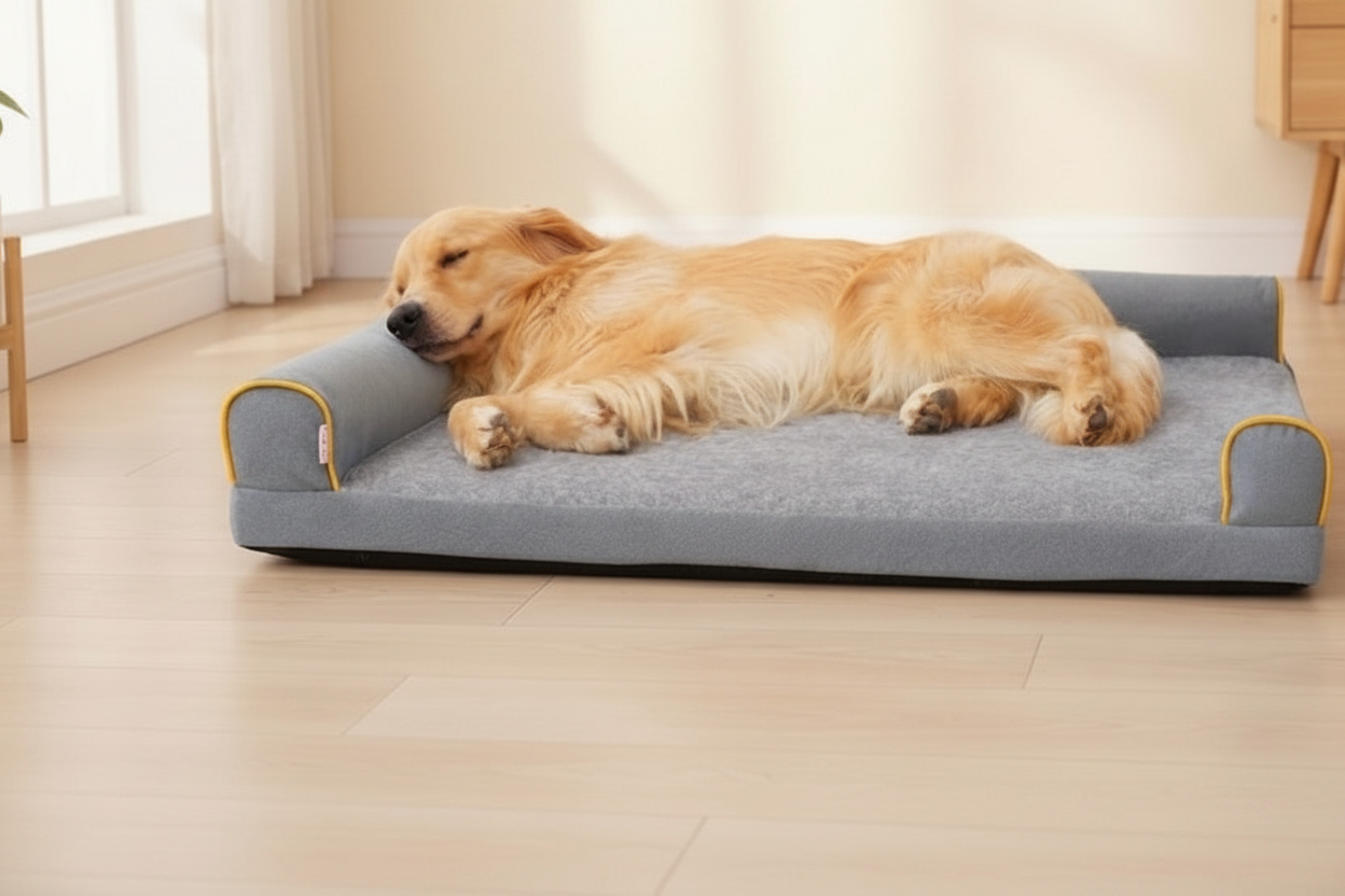 Golden retriever durmiendo en cama gris sin marca de agua